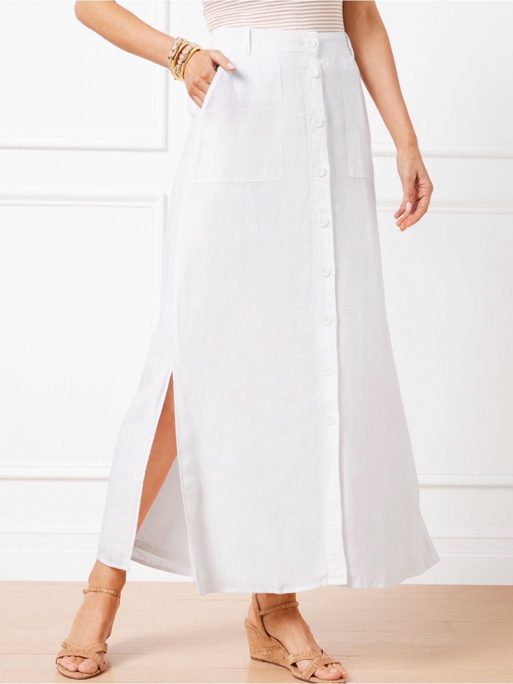 Talbots Linen Button Skirt Size 4 White Lined Midi